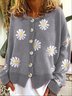 Women Casual Floral Autumn V neck Natural Long sleeve Loose Cotton-Blend Regular Sweater
