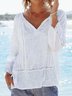 Guipure Lace Split Joint V Neck Solid Summer Holiday Linen Blouse