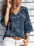 Bird Floral Printed 3/4 Sleeve V Neck Casual Shirts & Tops