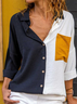Casual Single-Pocket Color-Blocking Loose Long-Sleeved Lapel Shirt