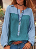 Color Block Cotton-Blend Long Sleeve Casual V Neck Shirts & Tops