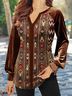 Long sleeve V-neck notched neck solid color stitching geometric national style pattern gorgeous VELVET TOP Plus Size