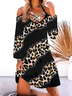 Leopard streamline pattern off-shoulder silver sequined webbing neckline sexy dress Casual V Neck Leopard Knitting Dress