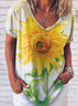 V Neck Sunflower Loosen Short Sleeve T-Shirt