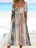 Compound pattern flower half open button pocket loose Long Dress