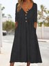 Women Basic V Neck Pockets Buttoned Ruched Casual Plain Long Sleeve Dress