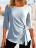 Crew Neck Plain Simple Tie Knot Front Tunic Top