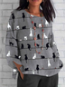 Casual Autumn Cat Polyester Holiday Loose Three Quarter Crew Neck Regular Size Top for Women