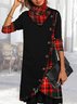 Casual Plaid Autumn Spandex Buttoned Heavyweight Daily Turtleneck A-Line Dresses for Women