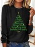 Women's T shirt Tee Black Christmas Tree Text Print Long Sleeve Christmas Crew Neck T-Shirt
