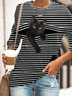 Women Cat Prirted Color Block Stipe Crew Neck Loose Long Sleeve Top