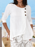 Women Three Quarter Sleeve Asymmetrical Irregular Hem Button Plain Summer Linen Tunic