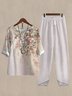 Casual Crew Neck Floral Cotton And Linen Two-Piece Set