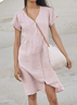 Women Linen Plain Ruched V Neck Pockets Lightweight Summer Dress