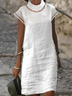 Casual Turtleneck Neck Hollow Out Lace Short Sleeve White Cotton Linen Dress