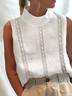 Women Hollow Out Lace Turtleneck White Sleeveless Cotton And Linen Tank Top