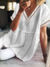 Summer Loose V Neck Hollow Out Lace Short Sleeve Loose Cotton And Linen Tunic Top