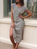 Women Casual Plain Button Loose Short sleeve Crew Neck Summer Linen Dress