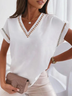 Women Elegant Hollow Out Lace V Neck Short Sleeve White Summer T-shirt