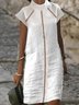 Women Hollow Out Lace Turtleneck Loose Short Sleeve Cotton And Linen Dress