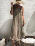 Women Casual V Neck Khaki Summer Sleeveless Breathable Loose Cotton And Linen Dress