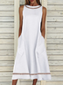 Women Summer Loose Casual Hollow Out Lace Pockets Sleeveless Linen White Dress