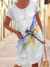 Women Casual Summer Dragonfly Pockets Short Sleeve Crew Neck Mini Vacation Dress
