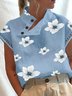 Women Casual Floral Half Open Collar Button Hollow Out Lace Short Sleeve T-shirt
