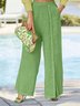 Women Daily Pockets Buttoned Elastic Waist Green Wide Leg Pants