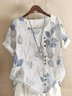 Women Casual Floral Button Crew Neck Cotton And Linen Loose Short Sleeve Blouse
