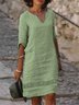 Women Green V Neck Hollow Out Loose Cotton and Linen Dress