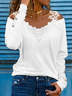 Women Casual V Neck Plain Lace Floral Off Shoulder Long Sleeve Top