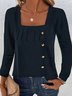 Women Plain Square Neck Casual Long Sleeve T-shirt
