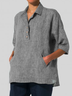 Button  V Neck Cotton-Blend Plain Blouse