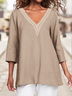 Lace Hollowing V Neck Plain Casual Cotton-Blend Blouse