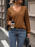 Women Plain V Neck Casual Long Sleeve T-shirt