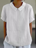 Women Plain Shawl Collar Vintage Short Sleeve T-shirt