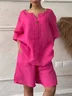 Casual Plain V Neck Two-Piece Set