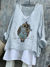 Women Animal V Neck Vintage Long Sleeve T-shirt