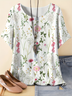 Women Floral Crew Neck Vintage Three Quarter Sleeve T-shirt