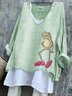 Women Animal V Neck Vintage Long Sleeve T-shirt