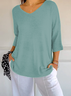 Women Plain V Neck Casual Three Quarter Sleeve T-shirt