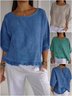 Women Plain Crew Neck Casual Three Quarter Sleeve T-shirt