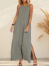Vacation Plain Pocket Stitching Square Neck linen-cotton Maxi Dress