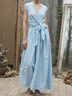 Vacation Plain linen-cotton V Neck Maxi Dress Belt