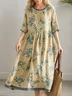 Vacation Floral linen-cotton Crew Neck Midi Dress