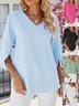 Women's Half Sleeve Shirt Summer Sky Blue Plain Split Joint Ice Silk V Neck Daily Going Out Casual Top