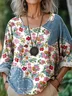 Women Floral Crew Neck Casual Three Quarter Sleeve T-shirt