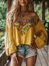 Vacation Floral Printing Cold Shoulder Balloon Sleeve Blouse