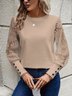 Solid color long sleeve embroidered lace patchwork waffle round neck top